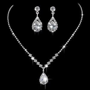 New Jewelry Luxury Flash Rhinestone Zircon Water Drop Necklace Set